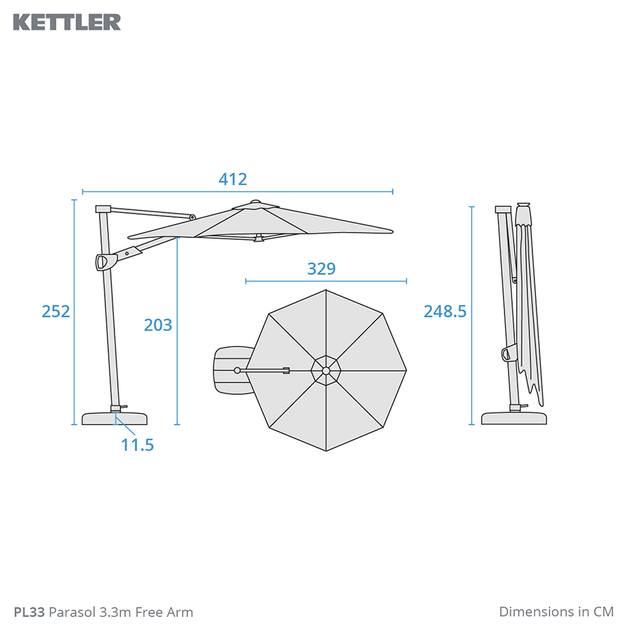 Kettler 3.3m LED Parasol in Stone with Wireless Speaker