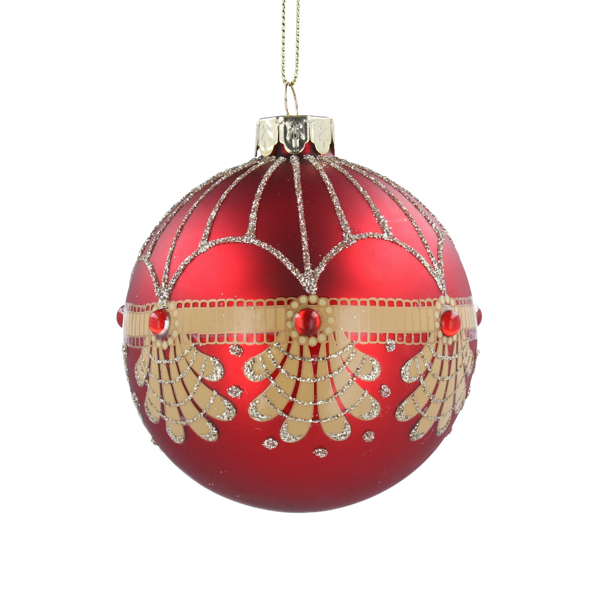 Matt Red Glass Ball With Gold Jewel Scallops 8cm Whitehall Garden Centre