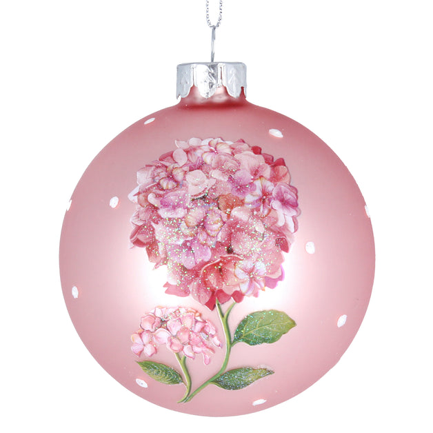 Matt Pink Glass Ball With Pink Hydrangeas 8cm