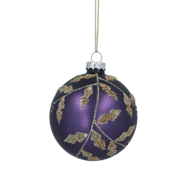 Matt Purple Glass Ball With Gold Beaded Holly 8cm