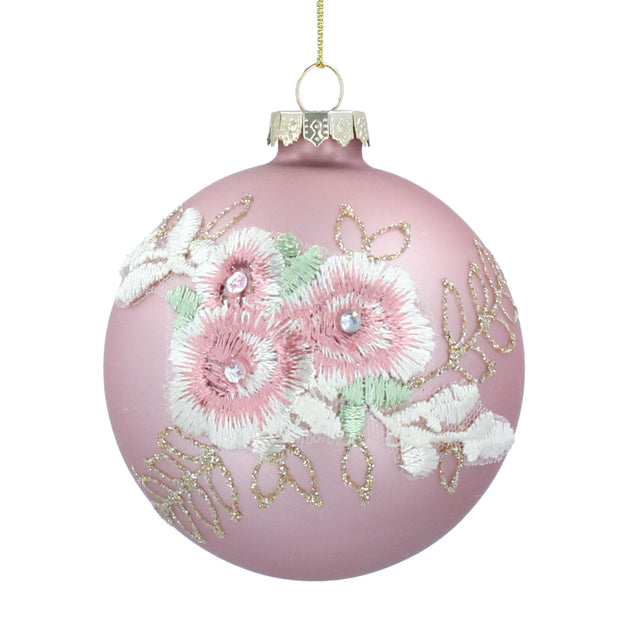 Matt Rose Pink Glass Ball With Fabric Flowers 8cm