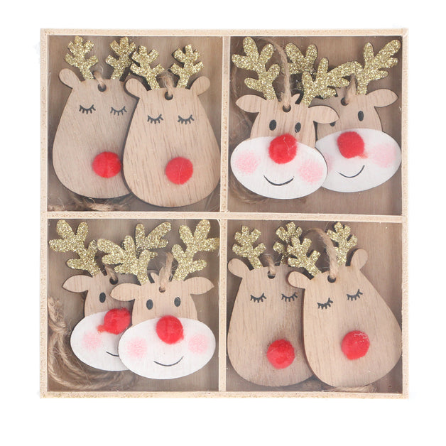 Wood Reindeer Head Decoration Box of 8