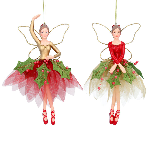 Red/Green/Gold Resin/Fabric Holly Fairy Decoration Large