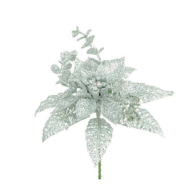 Silver Glitter Poinsettia Pick 15cm