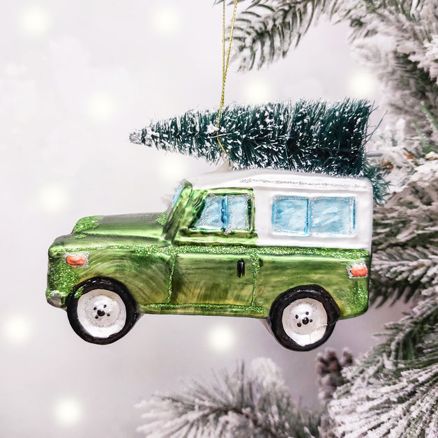 Glass Green Land Rover With Tree 12cm