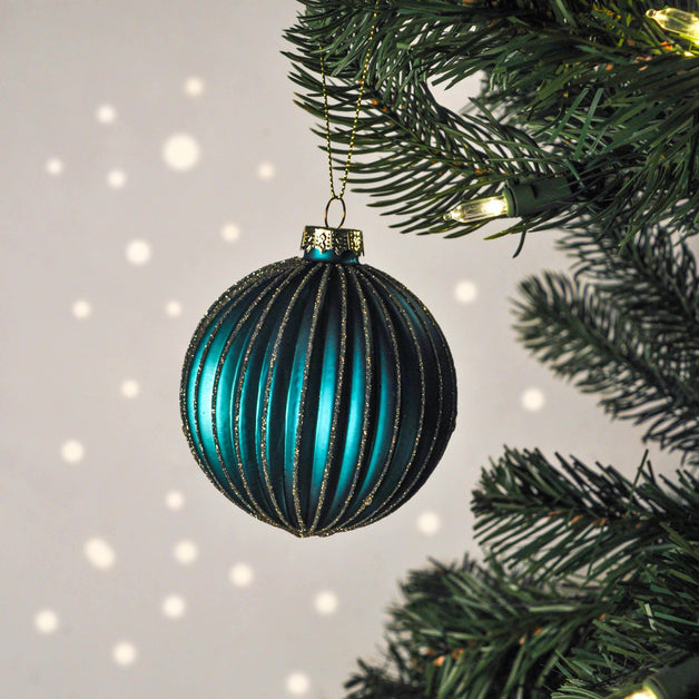 Turquoise Ribbed Glass Ball with Gold Glitter Stripes