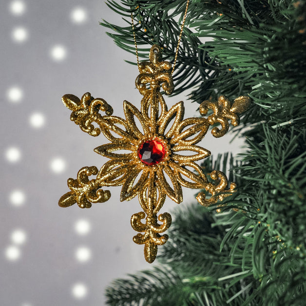 Gold Glitter Snowflake with Red Jewel - 2 Designs