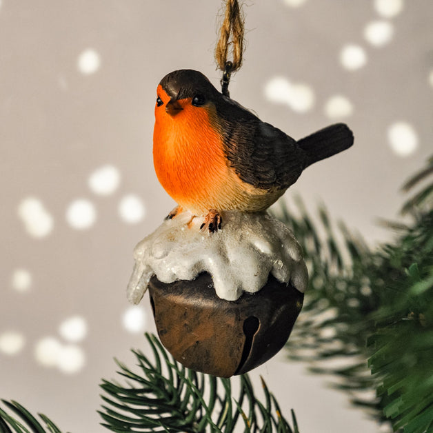 Resin Robin on Metal Bell Decoration