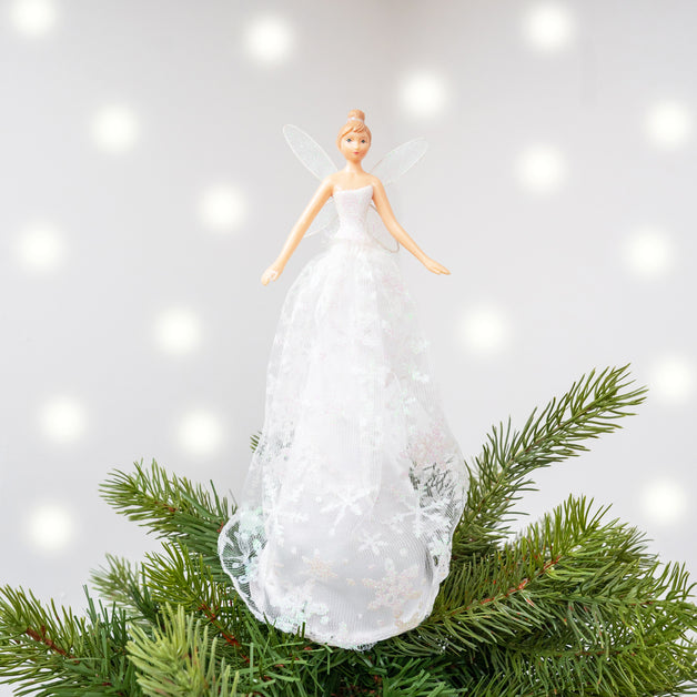 Large Fairy in Iridescent Glitter Fabric Dress Tree Topper