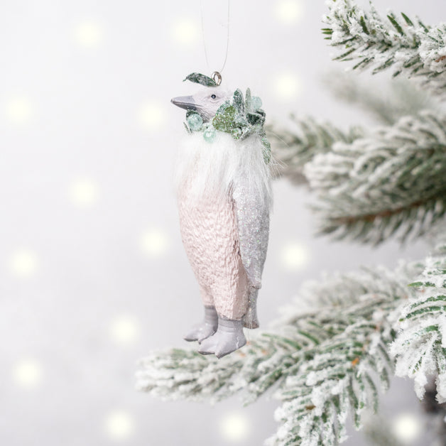 Resin Penguin with Leaf & Faux Fur Wreath