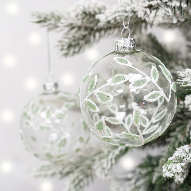 Clear Glass Ball with Green Glitter Leaves