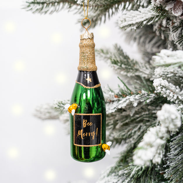 Bee Merry Champagne Bottle Shaped Bauble